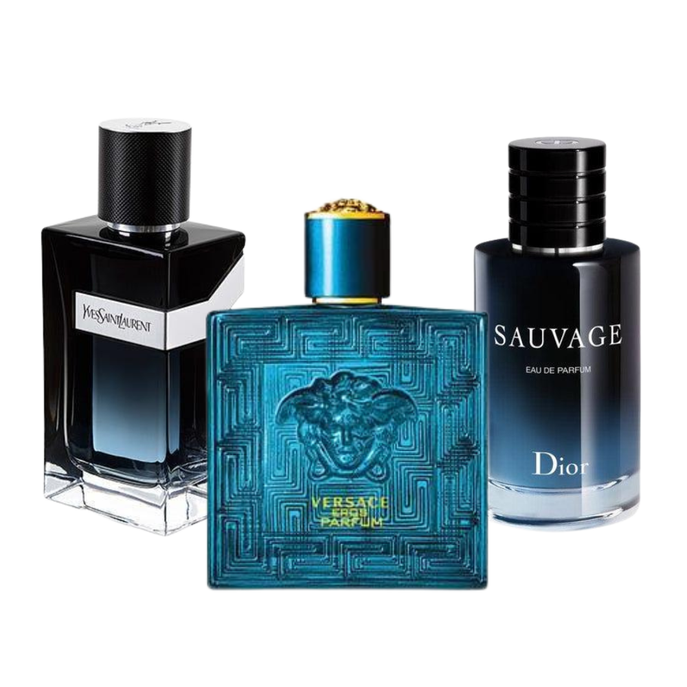 3 parfums Dior SAUVAGE, Yves Saint Laurent Y MEN et Versace EROS - Eau de Toilette - Pour Hommes